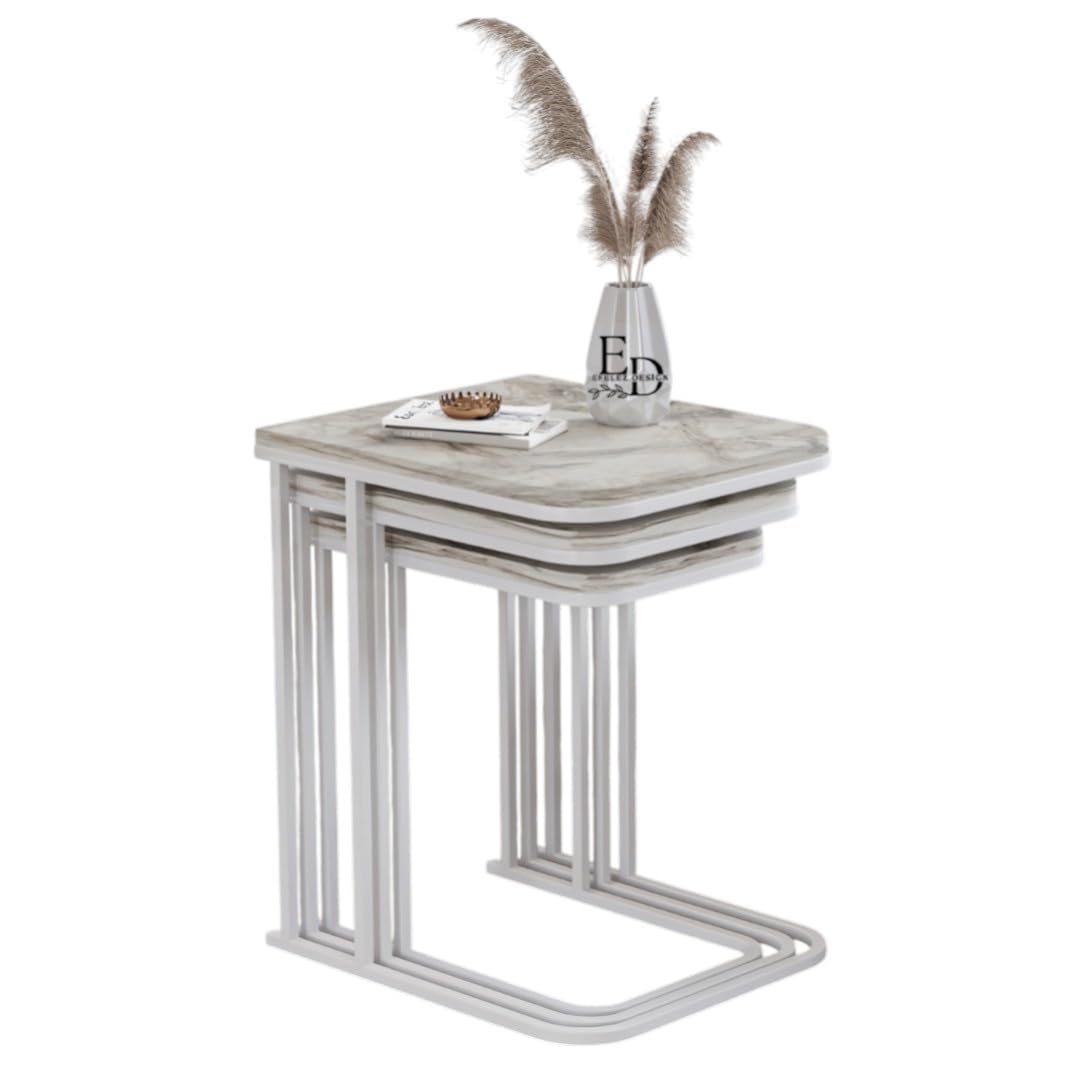 Tables d’appoint gigognes Lyon – Lot de 3 – Marbre blanc – Métal blanc