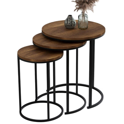 Tables d’appoint gigognes rondes Paris lot de 3 bois foncé structure métal noir