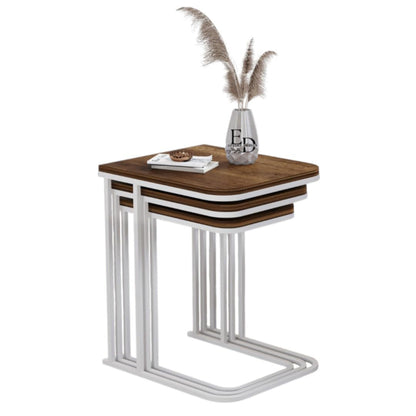 Tables d’appoint gigognes Lyon – Lot de 3 – Bois foncé – Structure métal blanc