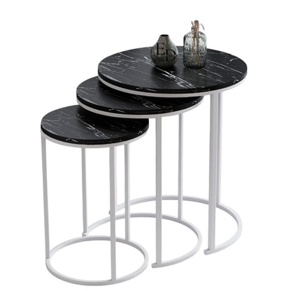 Tables d’appoint gigognes rondes Paris lot de 3 marbre noir structure métal blanc