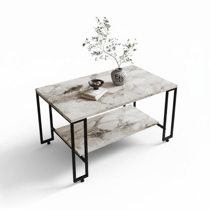 Table basse rectangulaire Nury avec étagère, plateau marbre blanc, structure métal noir