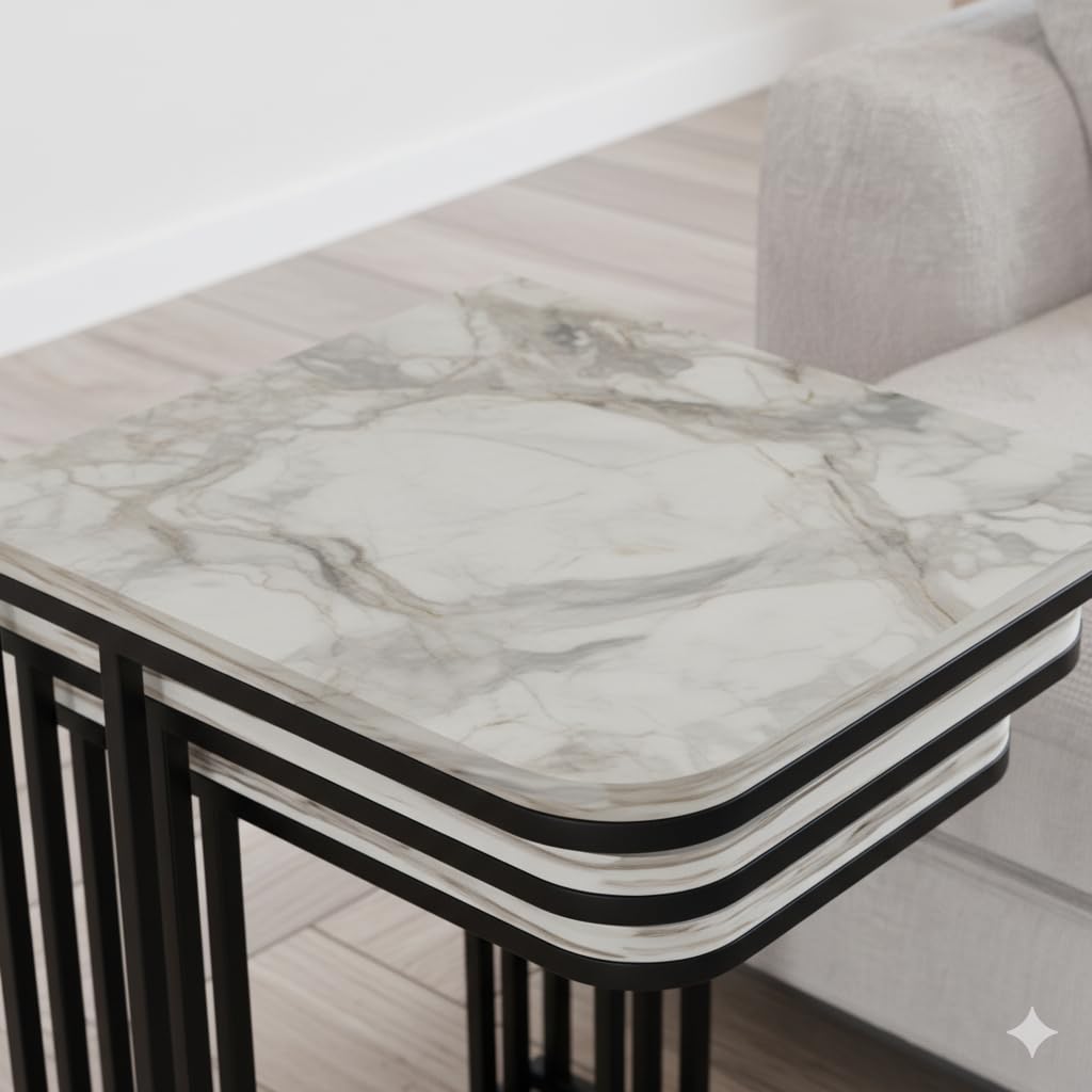 Tables d’appoint gigognes Lyon – Lot de 3 – Marbre blanc – Métal noir