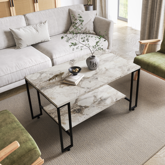 Table basse rectangulaire Nury – Plateau marbre blanc, structure noire avec étagère et roulettes – 100x60x52 cm