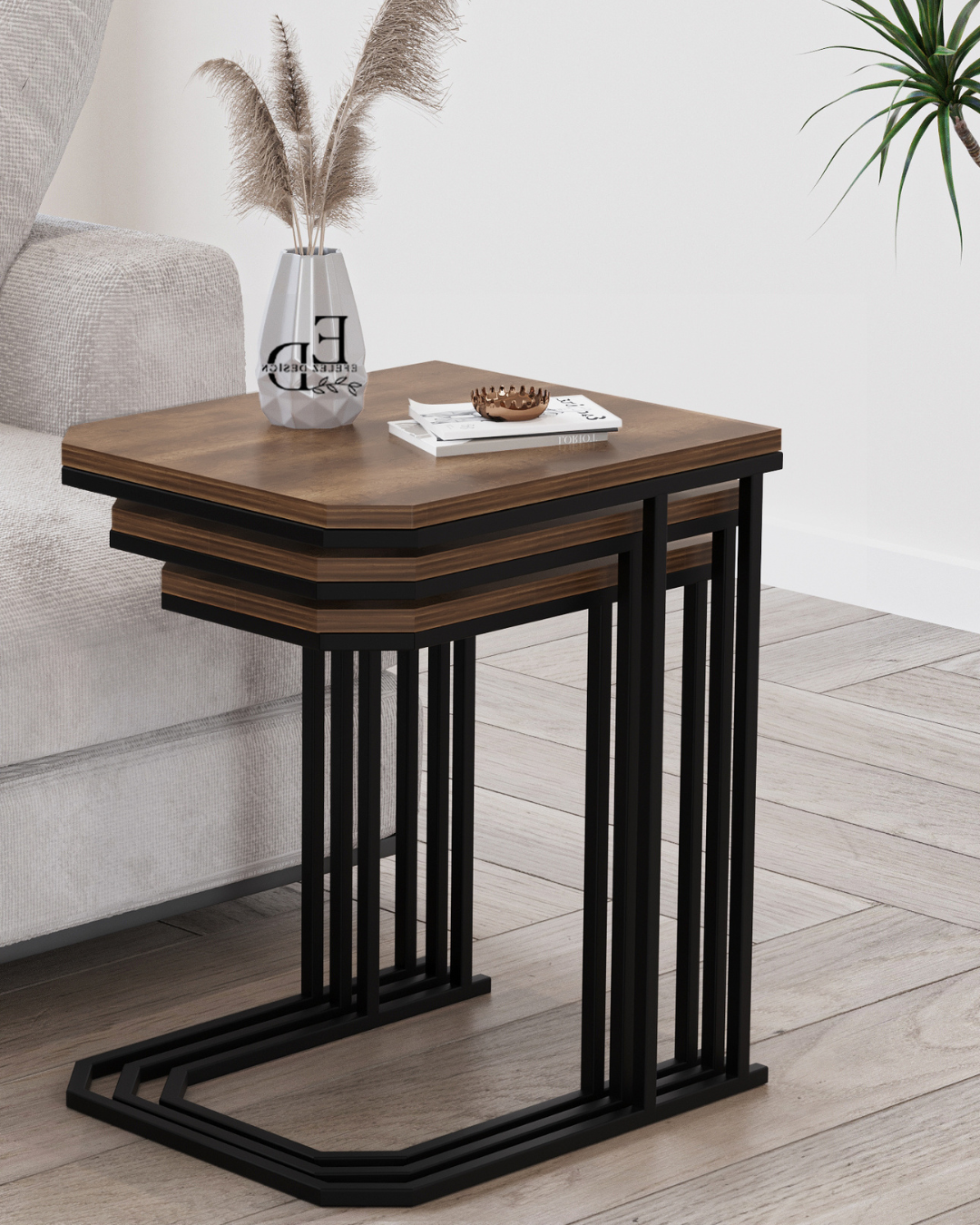 Table d'appoint gigogne Lyon (lot de 3) – bois foncé et métal blanc – design moderne