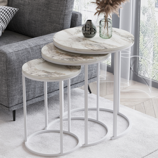 Tables gigognes rondes Paris (lot de 3) – plateau marbre blanc et structure blanche – design contemporain, empilables – EMIDECO
