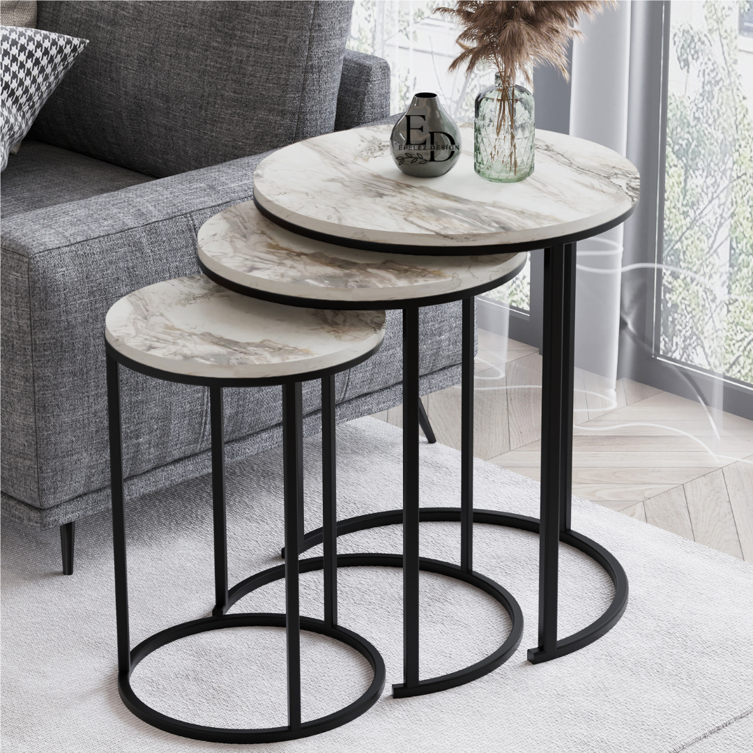 Tables gigognes rondes Paris – Marbre blanc et structure noire – Lot de 3 design contemporain