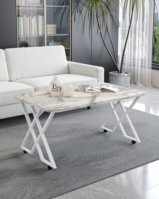 Table basse Milano marbre blanc 100x60 cm – structure métallique blanche design croisé avec roulettes ou bouchons – Emideco
