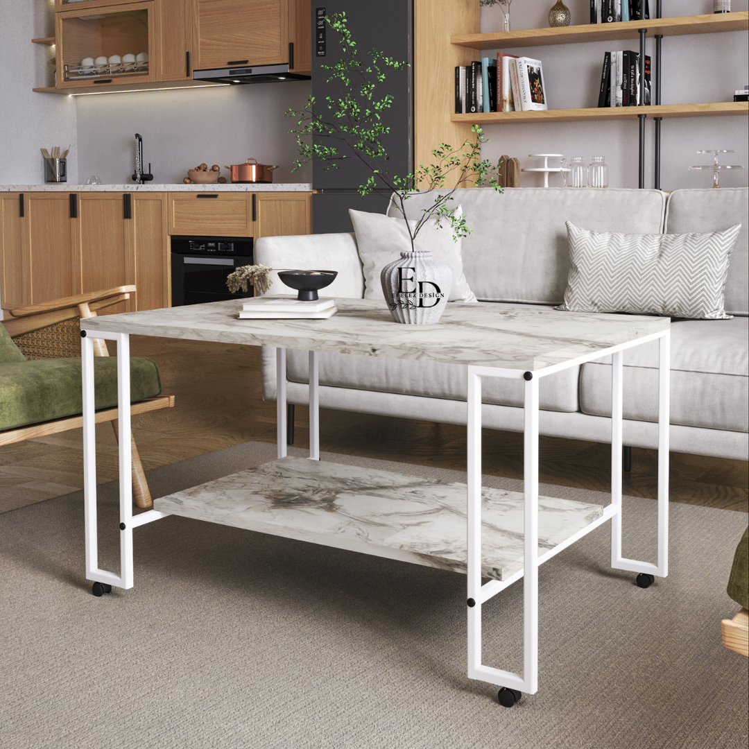 Table basse rectangulaire Nury 100x60 cm – Plateau marbre blanc, structure métal noir, étagère basse