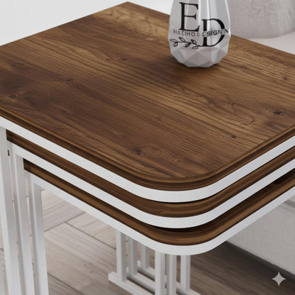 Tables d’appoint gigognes Lyon – Lot de 3 – Bois foncé – Structure métal blanc