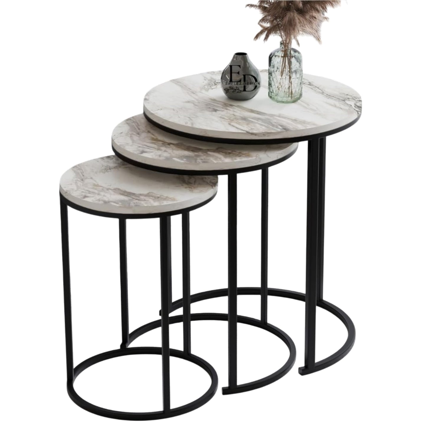 Tables d’appoint gigognes rondes Paris lot de 3 marbre blanc structure métal noir