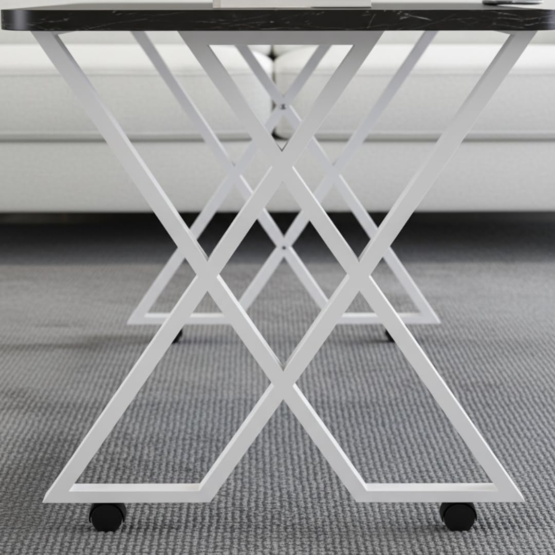 Table basse MILANO – Plateau marbre noir – Piètement X métal blanc – Roulettes ou bouchons