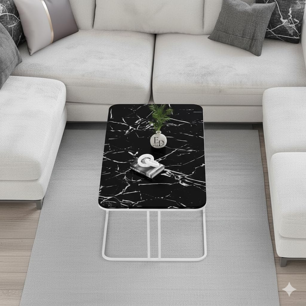 Table basse Lyon rectangulaire marbre noir structure métal blanc
