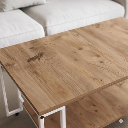 Table basse rectangulaire Nury avec étagère, plateau effet bois, structure métal blanc