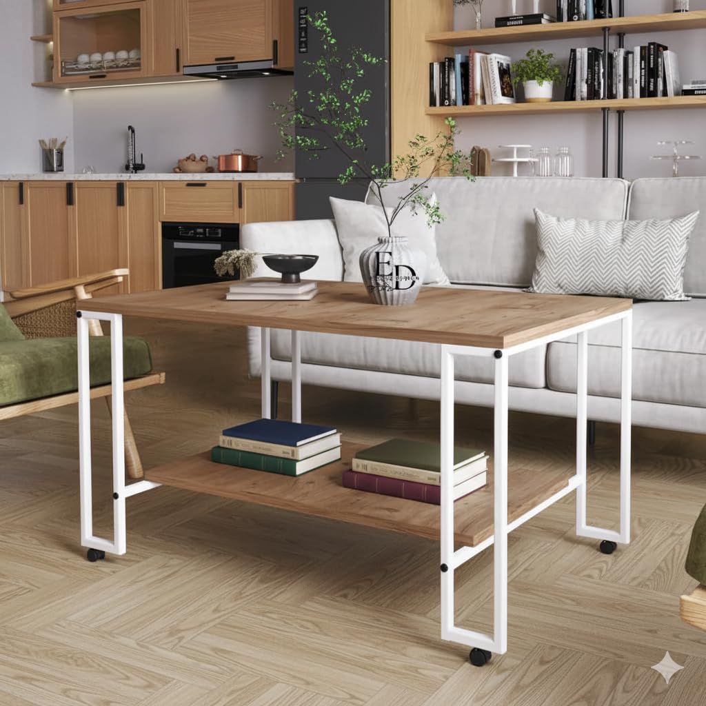 Table basse rectangulaire Nury avec étagère, plateau effet bois, structure métal blanc