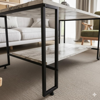 Table basse rectangulaire Nury avec étagère, plateau marbre blanc, structure métal noir