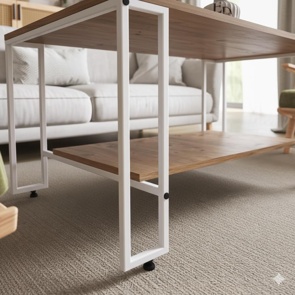 Table basse rectangulaire Nury avec étagère, plateau effet bois, structure métal blanc