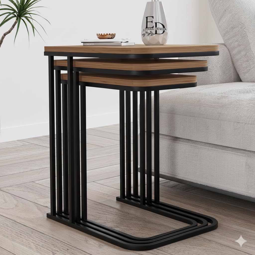Tables d’appoint gigognes Lyon – Lot de 3 – Bois clair – Métal noir