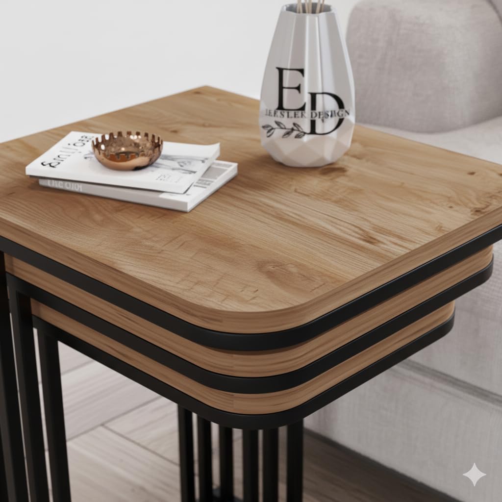 Tables d’appoint gigognes Lyon – Lot de 3 – Bois clair – Métal noir