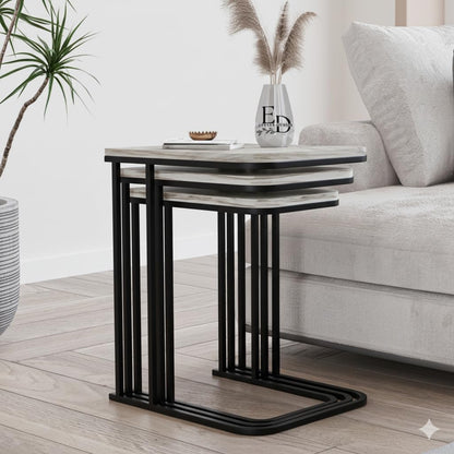 Tables d’appoint gigognes Lyon – Lot de 3 – Marbre blanc – Métal noir