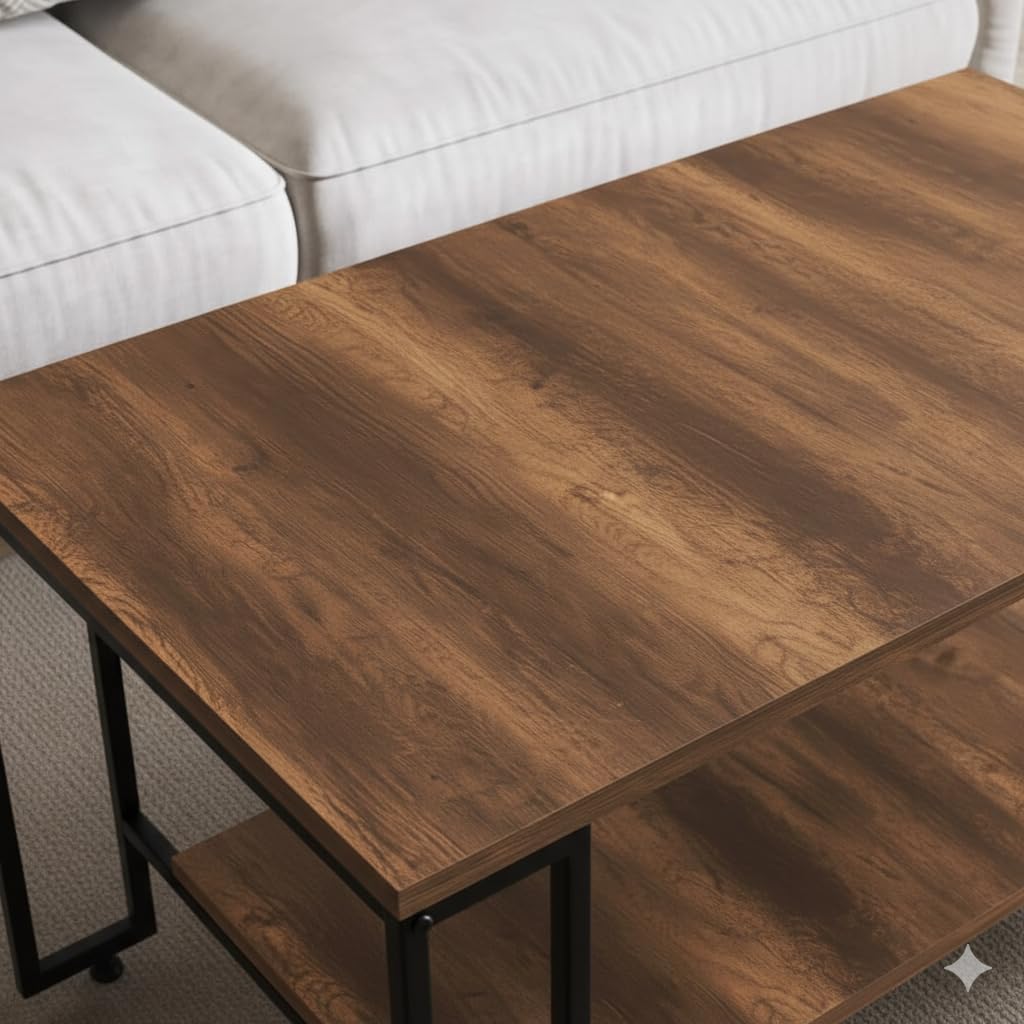 Table basse rectangulaire Nury avec étagère, plateau bois foncé, structure métal noir