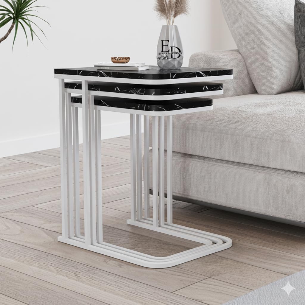 Tables d’appoint gigognes Lyon – Lot de 3 – Marbre noir – Métal blanc