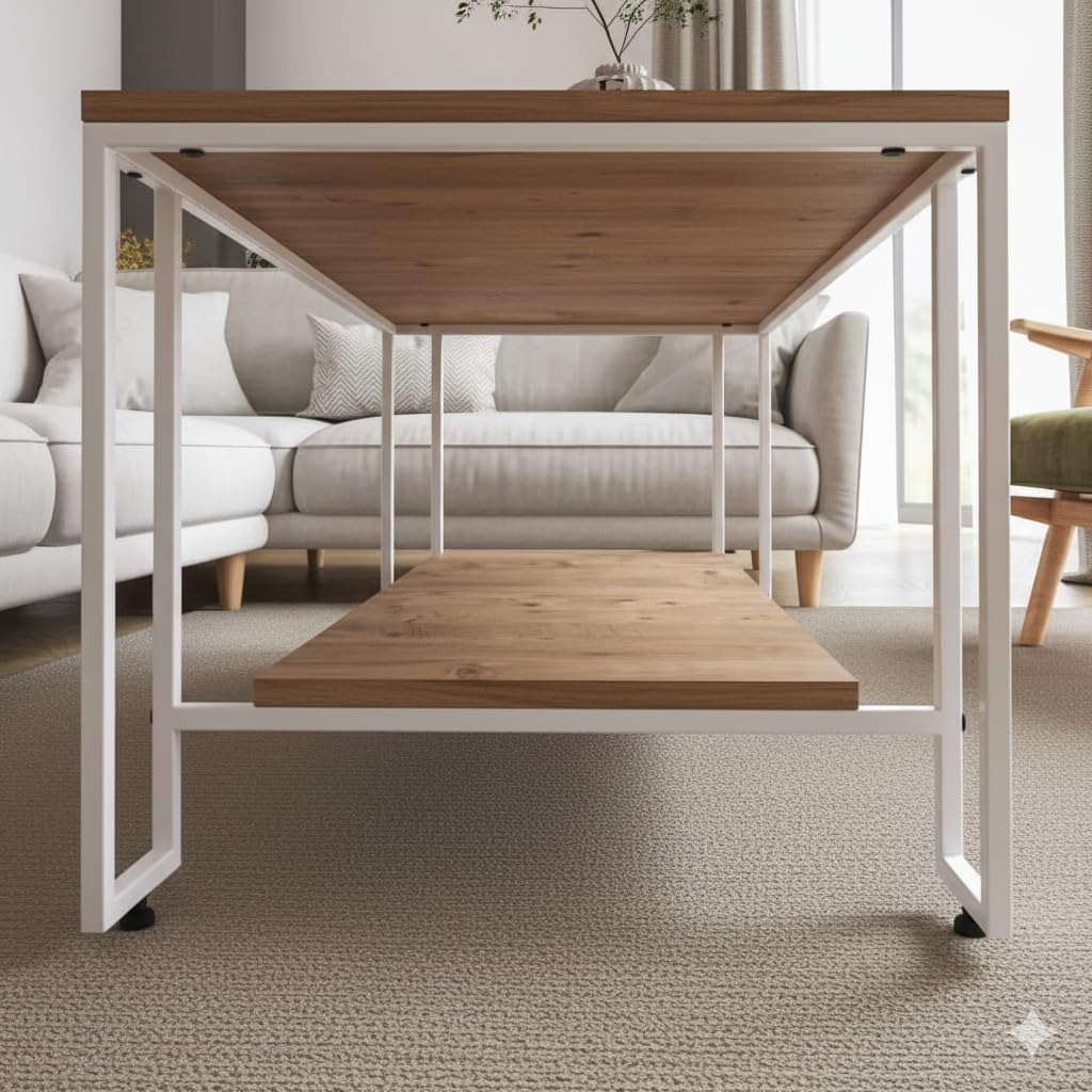 Table basse rectangulaire Nury avec étagère, plateau effet bois, structure métal blanc