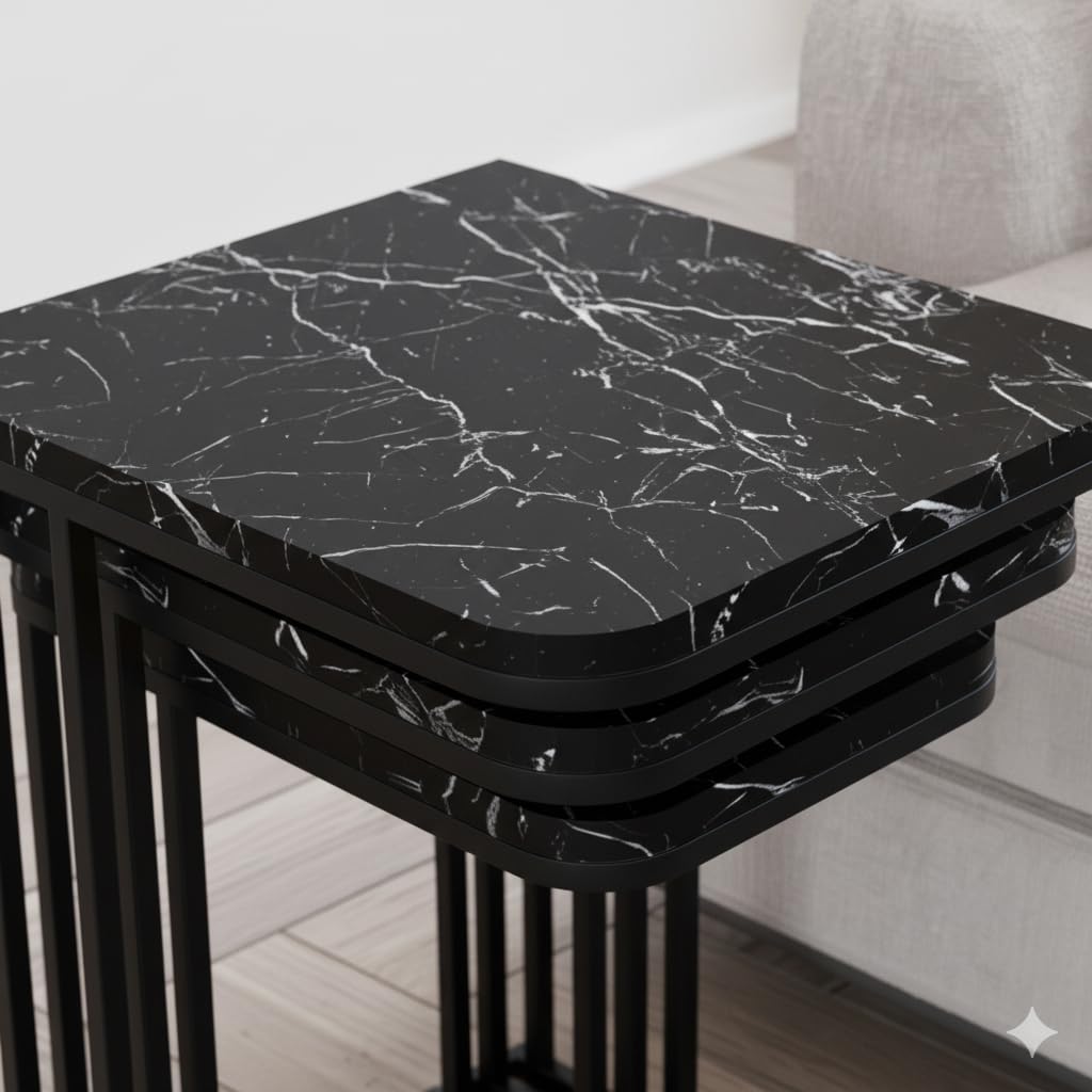Tables d’appoint gigognes Lyon – Lot de 3 – Marbre noir – Métal noir