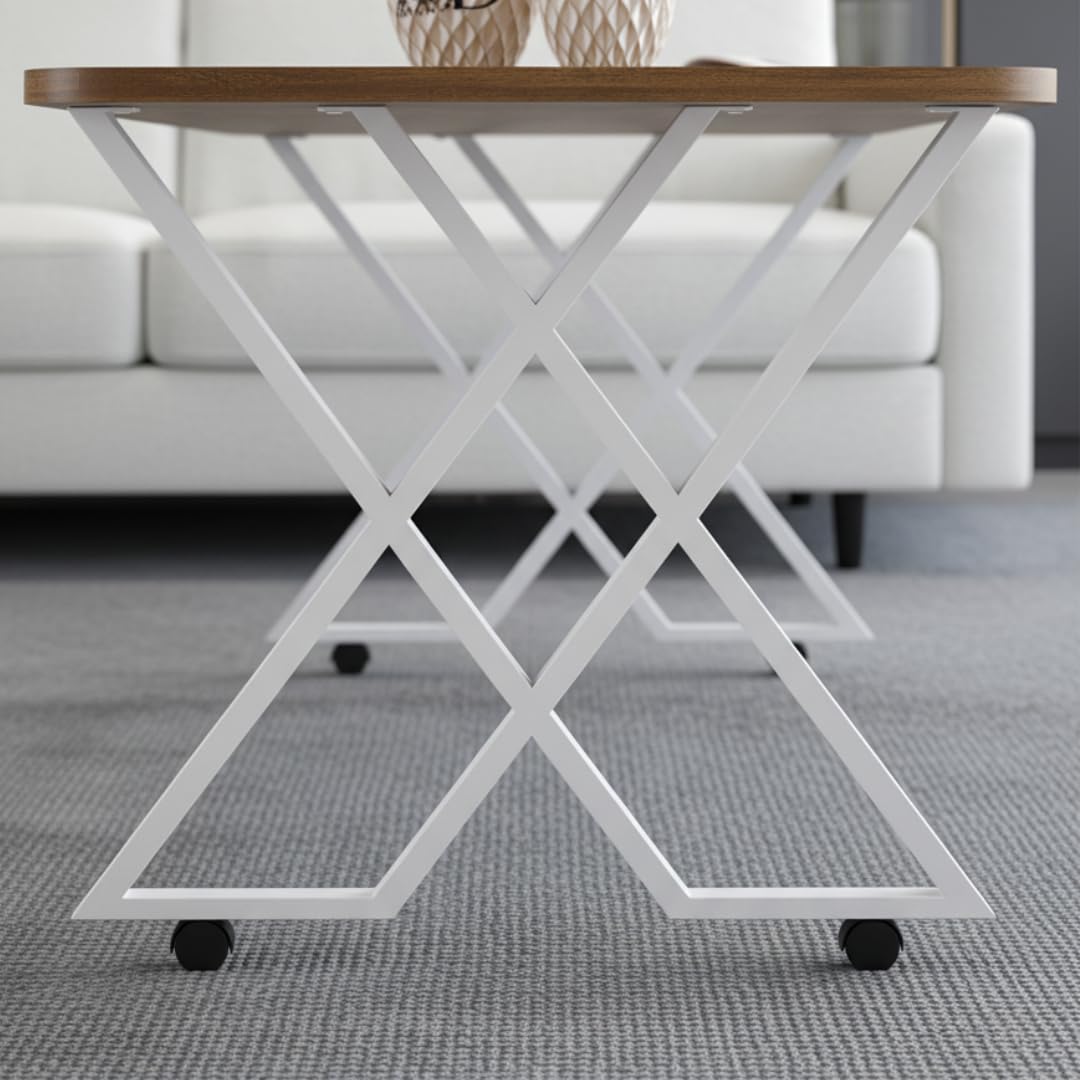 Table basse MILANO rectangulaire – Plateau bois foncé et structure métal blanche avec roulettes