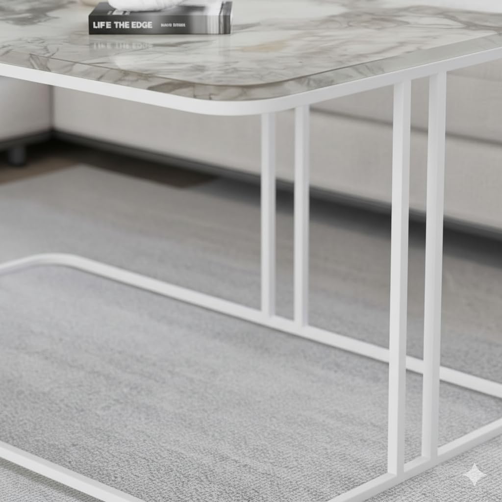 Table basse Lyon rectangulaire marbre blanc structure métal blanc