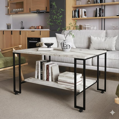 Table basse rectangulaire Nury avec étagère, plateau marbre blanc, structure métal noir