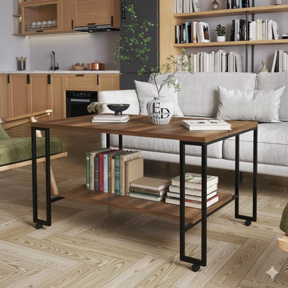 Table basse rectangulaire Nury avec étagère, plateau bois foncé, structure métal noir