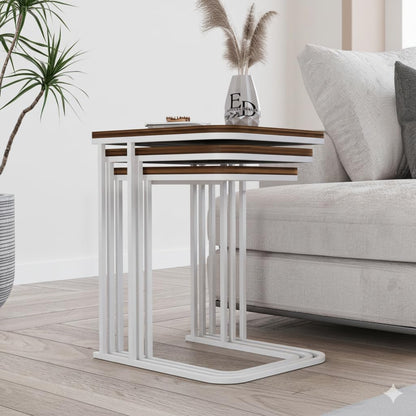 Tables d’appoint gigognes Lyon – Lot de 3 – Bois foncé – Structure métal blanc