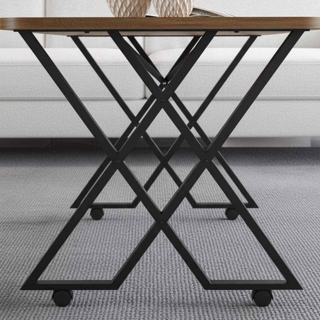 Table basse MILANO – Plateau bois foncé – Piètement X métal noir – Roulettes ou bouchons