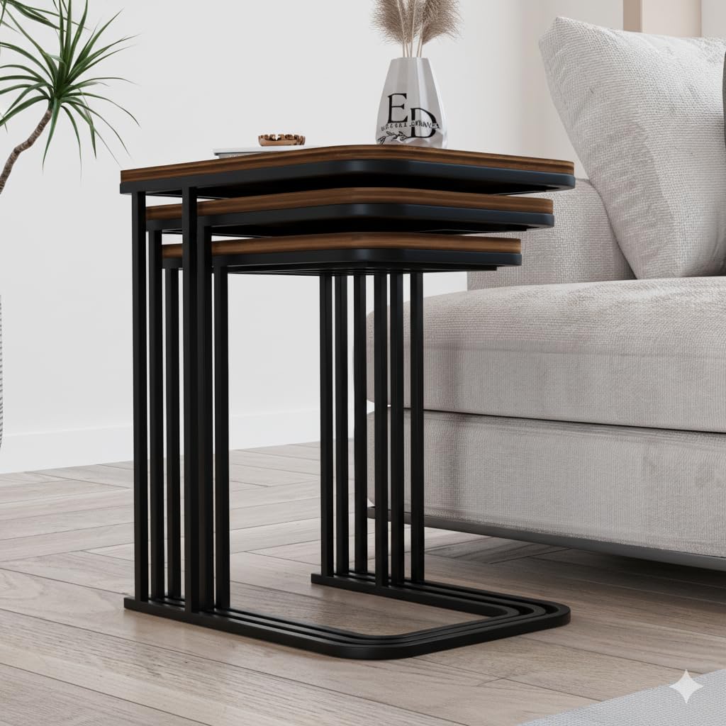 Tables d’appoint gigognes Lyon – Lot de 3 – Bois foncé – Métal noir
