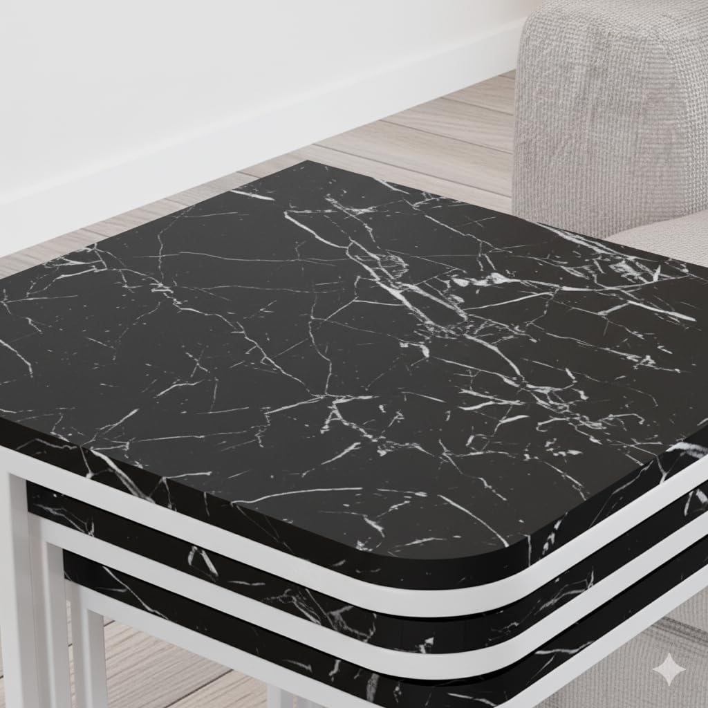 Tables d’appoint gigognes Lyon – Lot de 3 – Marbre noir – Métal blanc