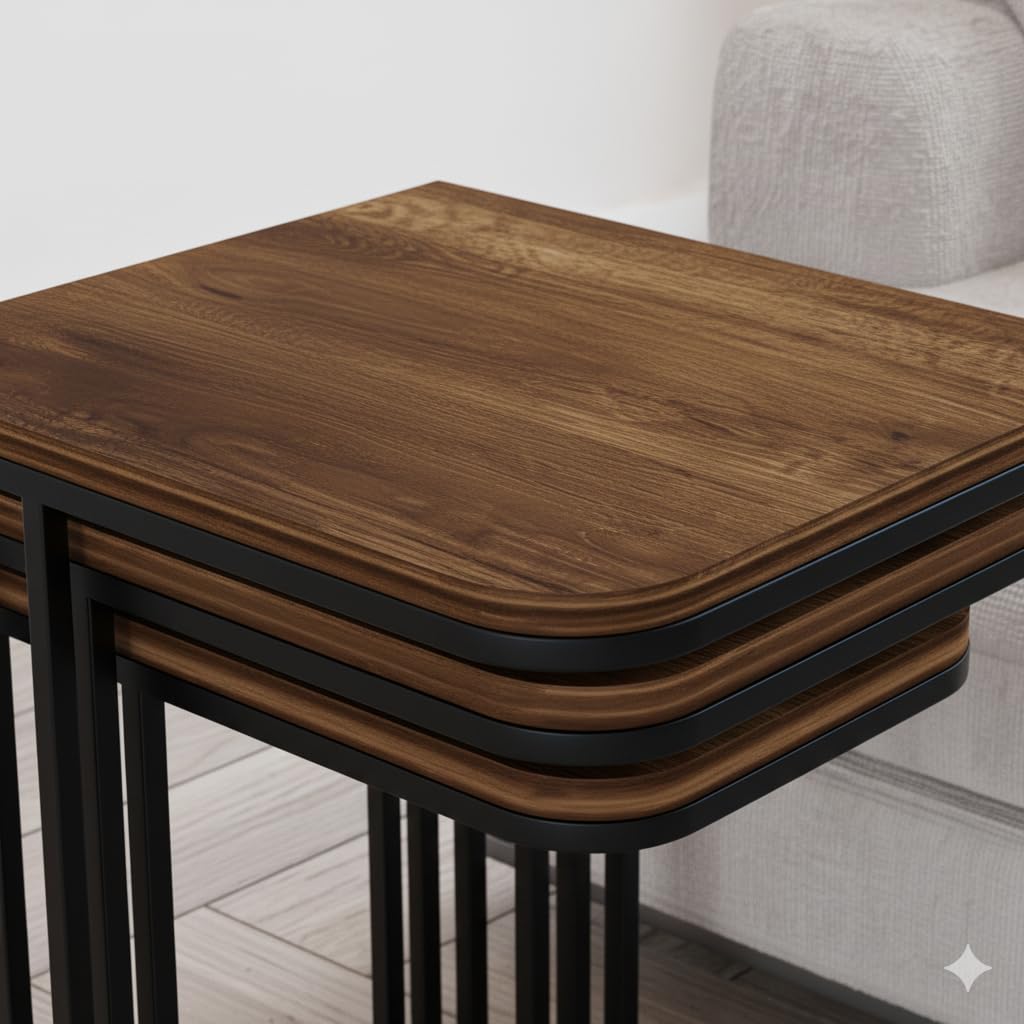 Tables d’appoint gigognes Lyon – Lot de 3 – Bois foncé – Métal noir