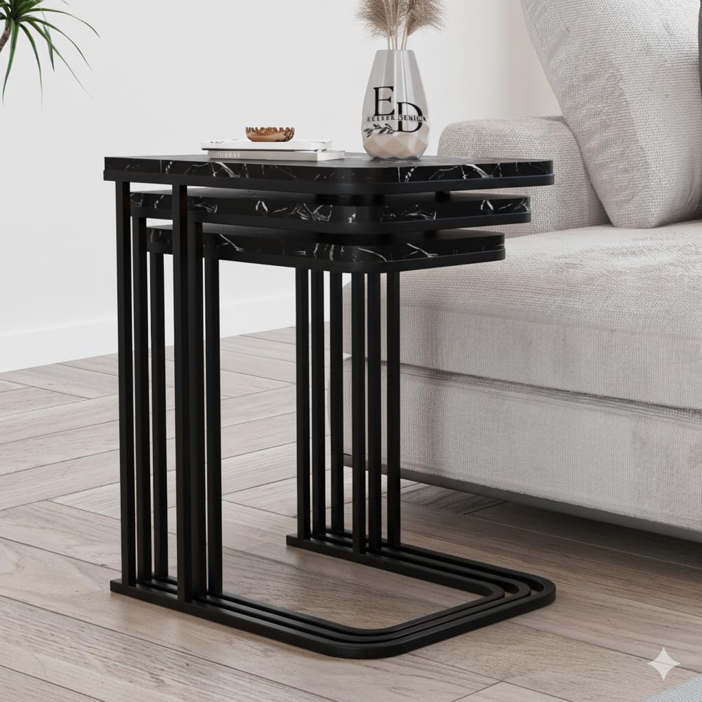 Tables d’appoint gigognes Lyon – Lot de 3 – Marbre noir – Métal noir