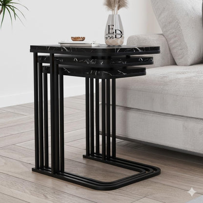 Tables d’appoint gigognes Lyon – Lot de 3 – Marbre noir – Métal noir