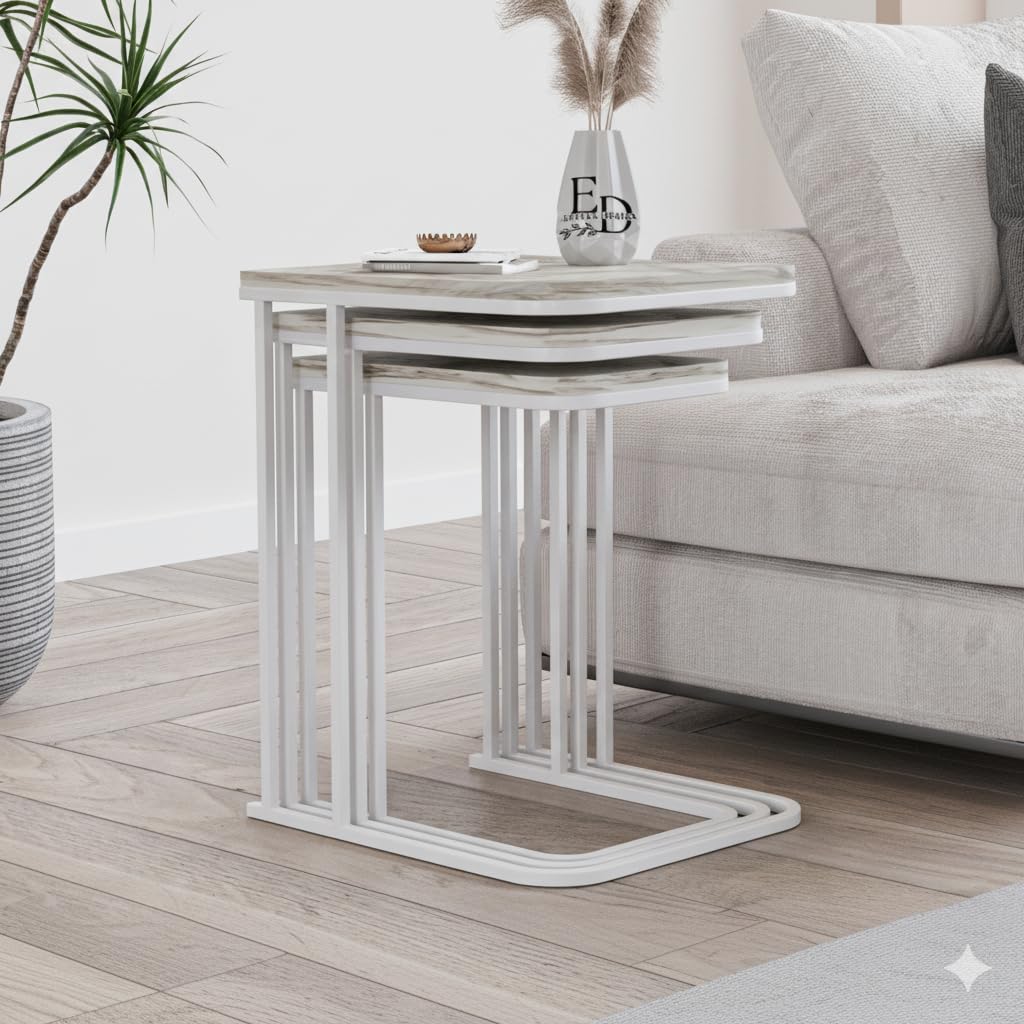 Tables d’appoint gigognes Lyon – Lot de 3 – Marbre blanc – Métal blanc