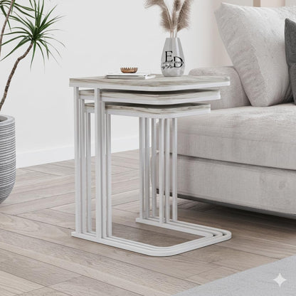 Tables d’appoint gigognes Lyon – Lot de 3 – Marbre blanc – Métal blanc