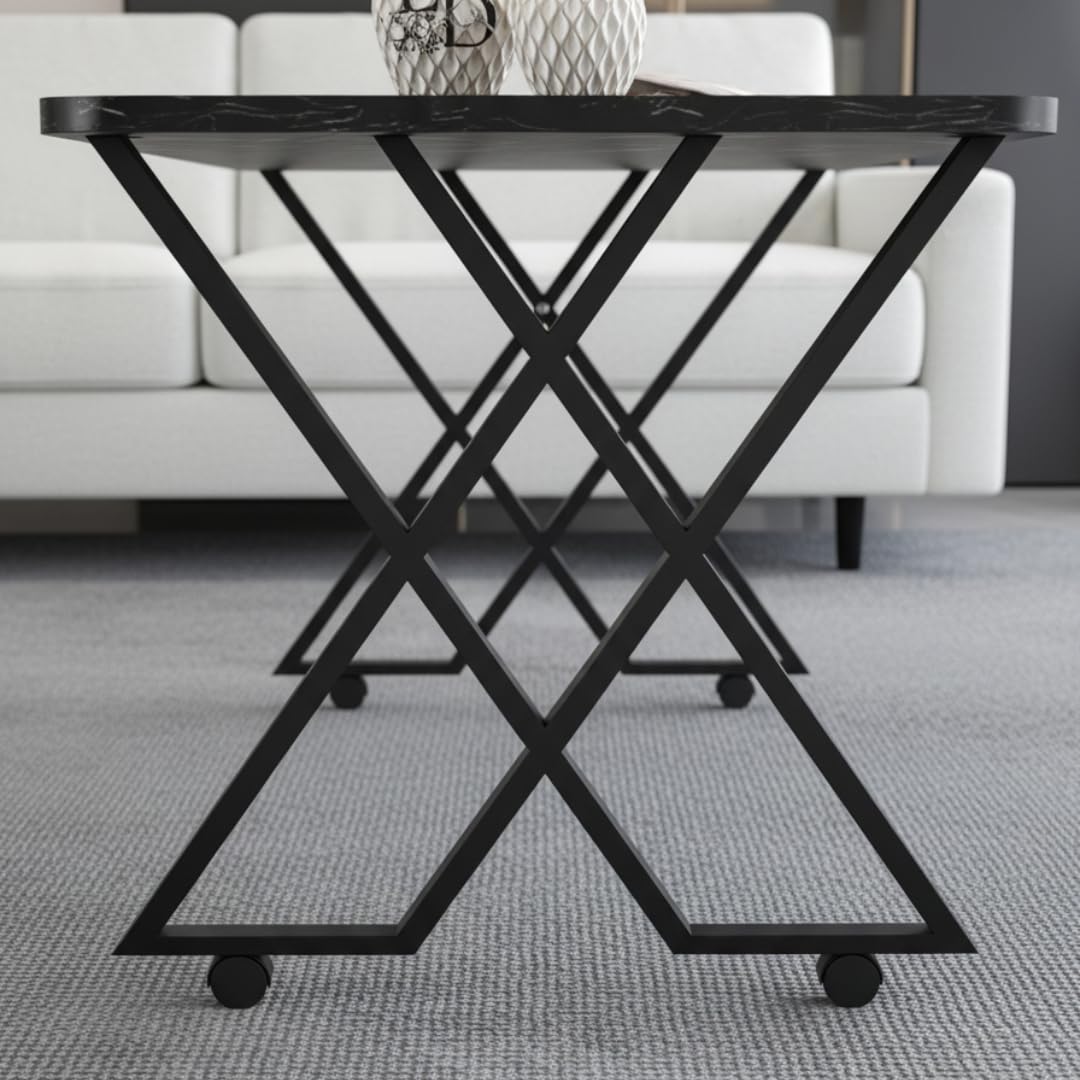 Table basse MILANO – Plateau marbre noir – Piètement X métal noir – Roulettes ou bouchons