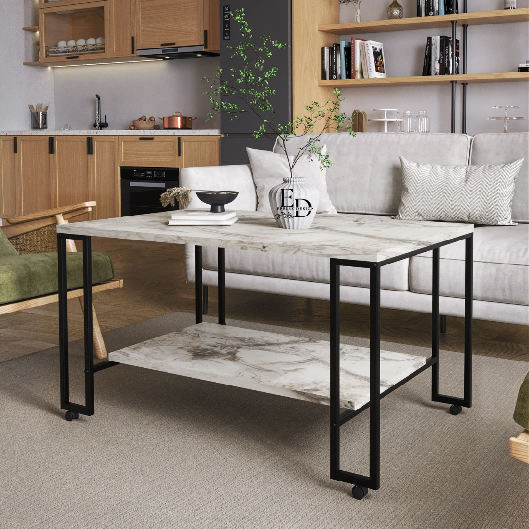 Table basse rectangulaire Nury – Plateau marbre blanc, structure noire avec étagère et roulettes – 100x60x52 cm