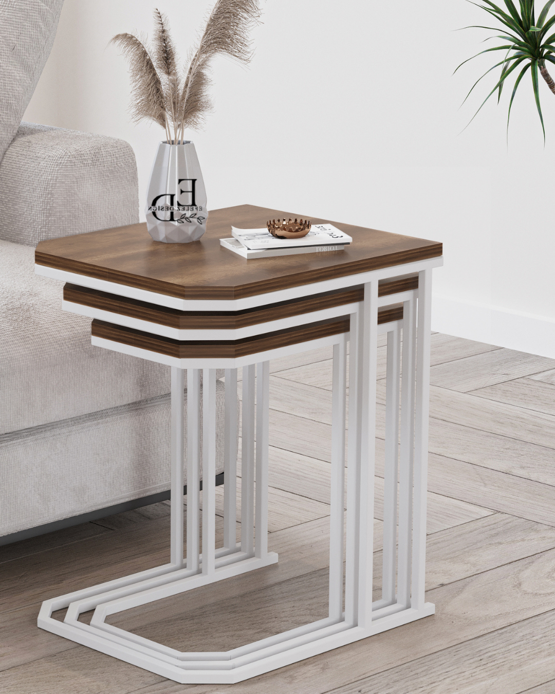 Tables d’appoint gigognes Lyon bois foncé – lot de 3 – structure blanche – 47x40 cm, 45,5x34 cm, 44x28 cm – design pratique et élégant