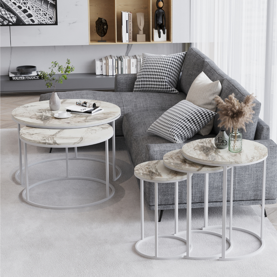 Tables gigognes rondes Paris (lot de 3) – plateau marbre blanc et structure blanche – design contemporain, empilables – EMIDECO