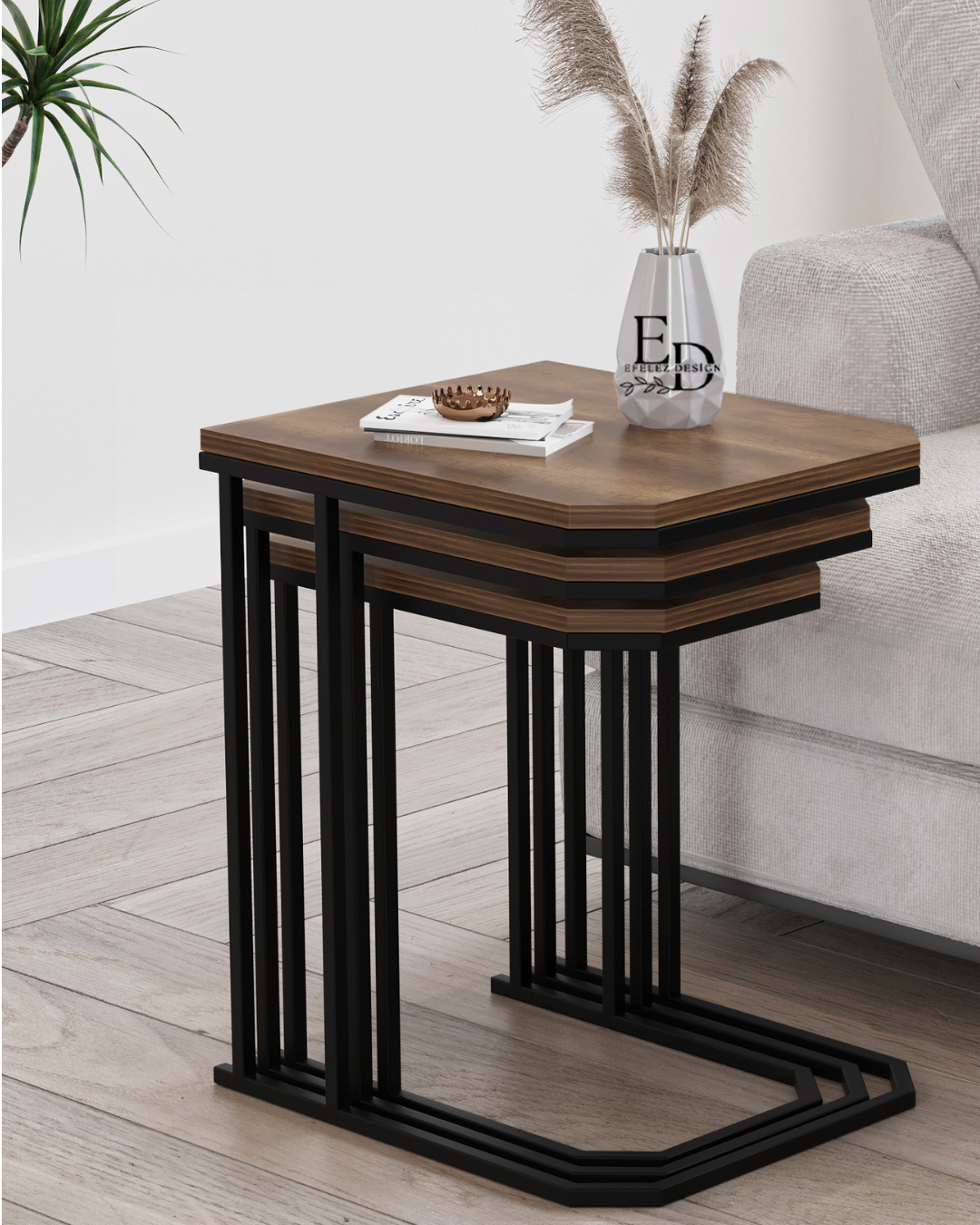 Table d'appoint gigogne Lyon (lot de 3) – bois foncé et métal blanc – design moderne