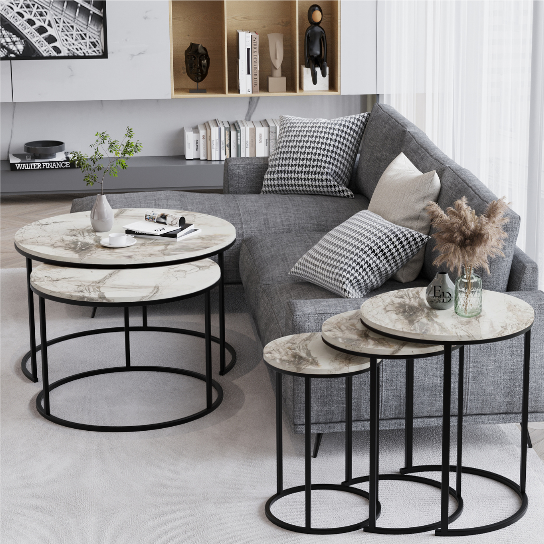 Tables gigognes rondes Paris – Marbre blanc et structure noire – Lot de 3 design contemporain