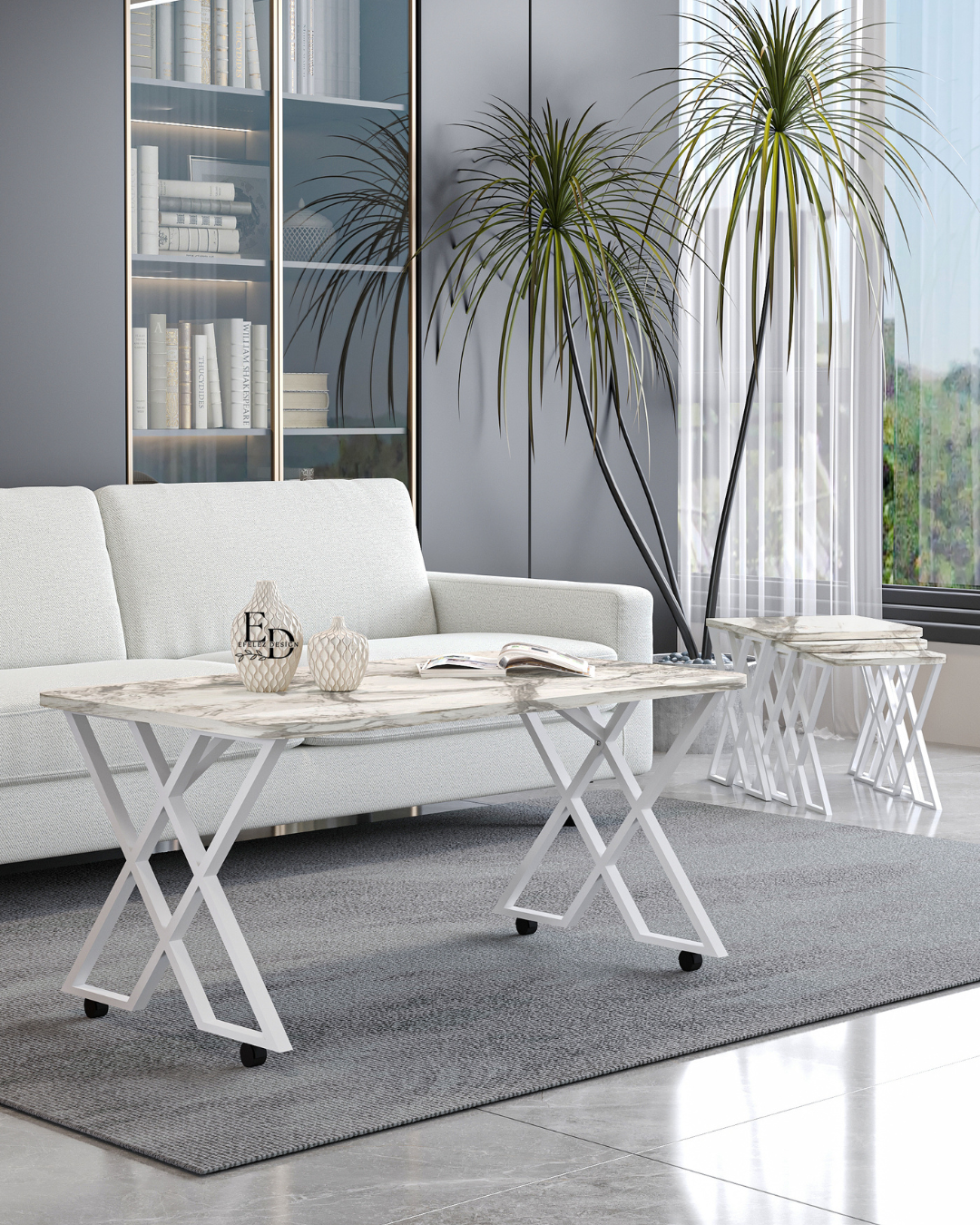 Table basse Milano marbre blanc 100x60 cm – structure métallique blanche design croisé avec roulettes ou bouchons – Emideco