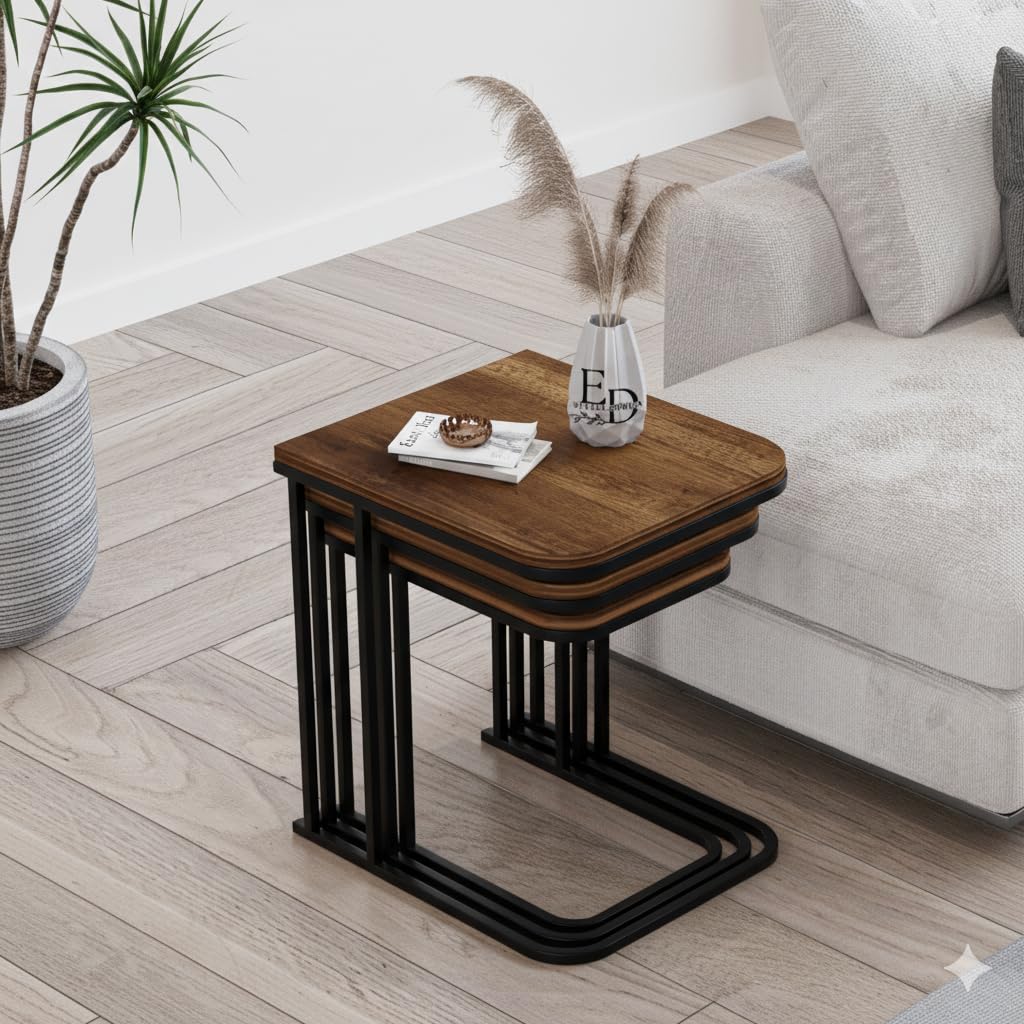 Tables d’appoint gigognes Lyon – Lot de 3 – Bois foncé – Métal noir