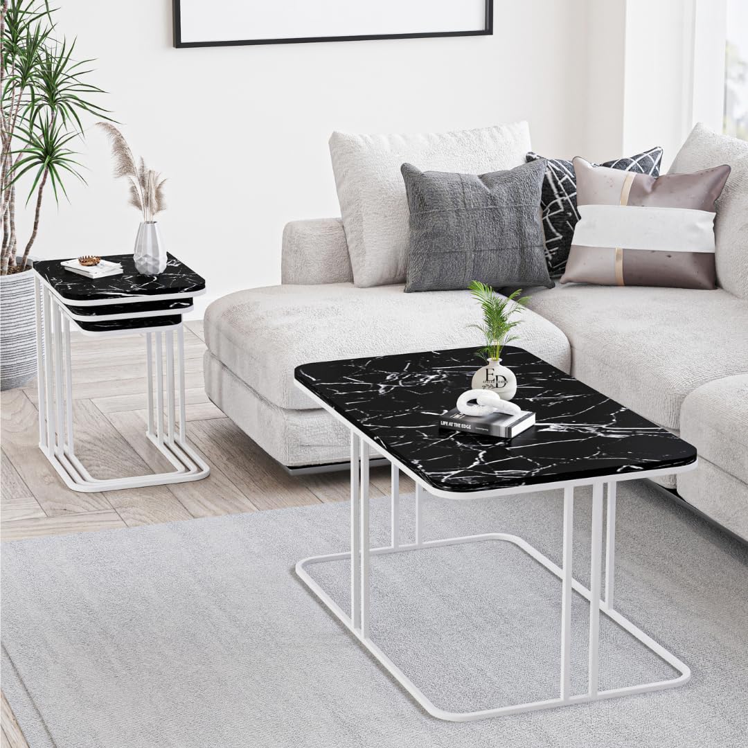 Table basse Lyon rectangulaire marbre noir structure métal blanc