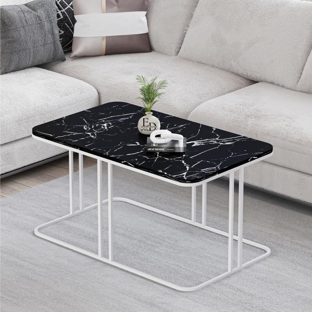 Table basse Lyon rectangulaire marbre noir structure métal blanc